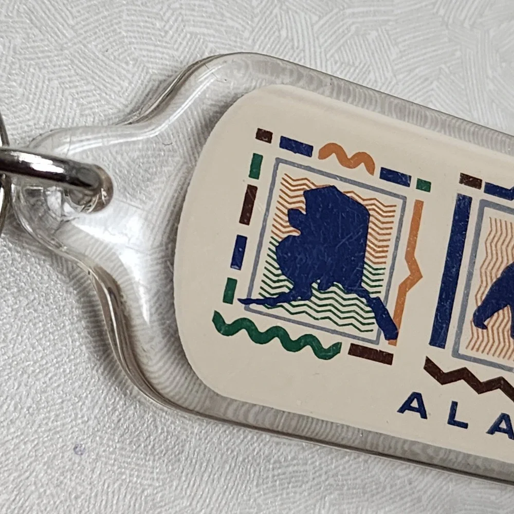Vintage Alaska USA Vacation Tree Bear State Lucite Keychain Key Ring Collectible